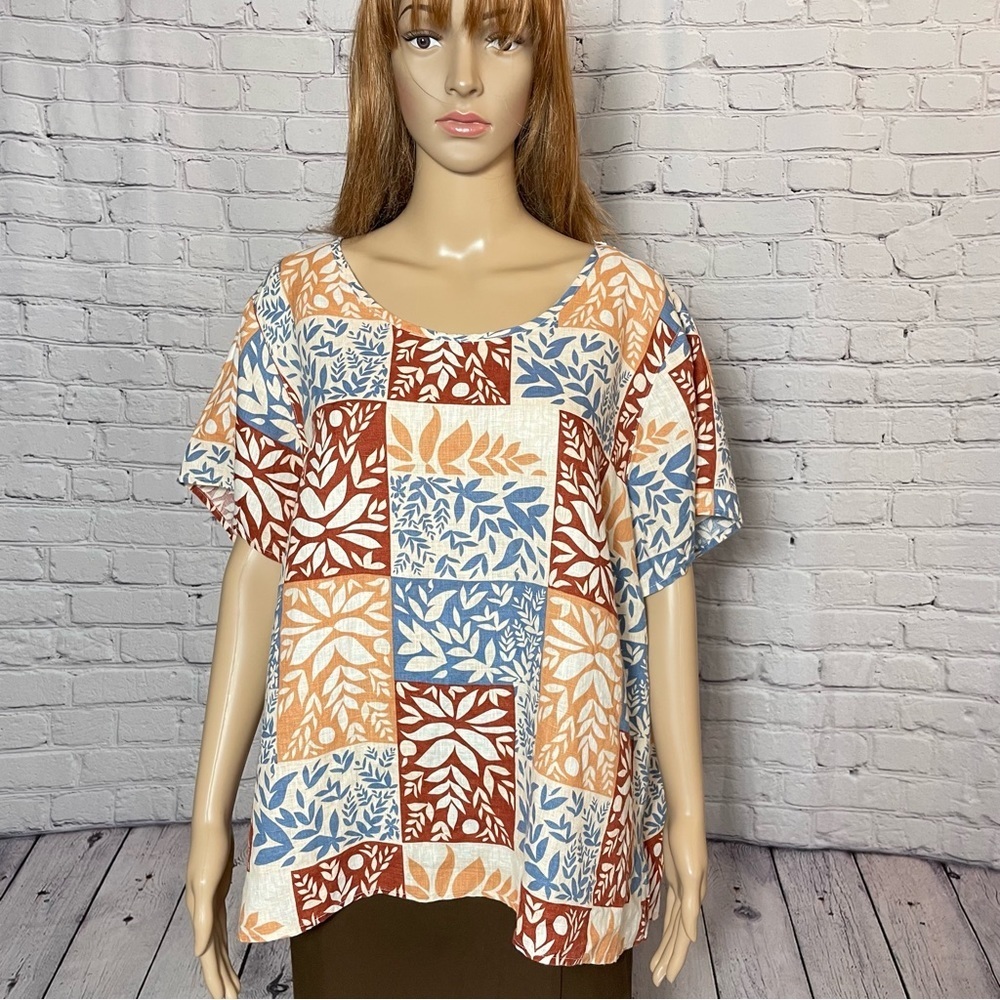 NWT New Sigrid Olsen Linen Patchwork Short Sleeve Top Size 2X